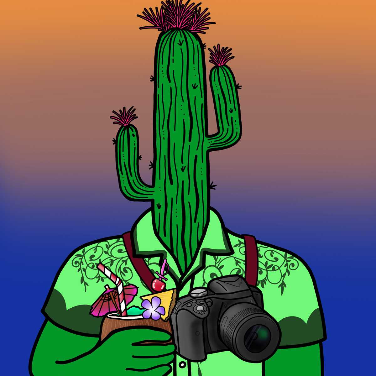 Drinking Trees #0006 — Stump Loamsley, a Cactus drinking Coconut Cocktail.